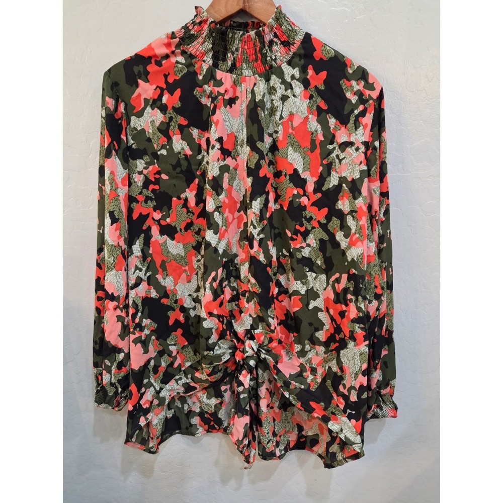 Vintage Camo Snakeskin Smocked Neck Tie Front Blouse Coral Green XL Top Woman
